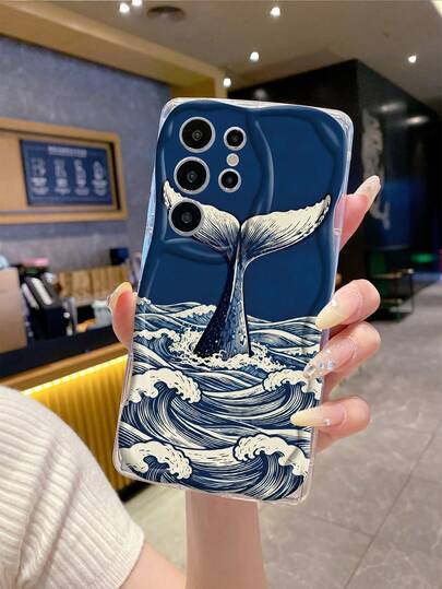 1 pieza Funda de teléfono asimétrica con estampado de cola de pez ondulada de moda en color crema, ideal para uso diario de niñas, compatible con Galaxy S23/S24/S25/S26/A57/A37/A17/A07, sistema Android puro para niños