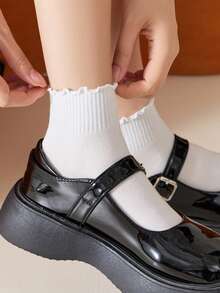 1/5 Pairs Random Women's Solid Color Minimalist Breathable Absorbent Casual Ankle Socks With Ruffle Trim - Multicolor - View 10