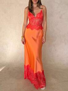Women's Lace Patchwork Dress Summer Spaghetti Strap Sleeveless Deep V Neck Cami Dress - Burnt Orange - View 2