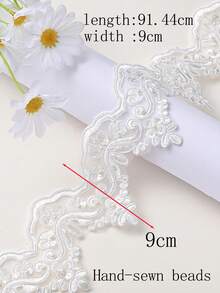 Vải lưới thêu ren đính sequin và hạt cườm thủ công, dài 1 yard, chất liệu may quần áo DIY, phụ kiện váy cưới, chiều dài: 91.4cm, chiều rộng: 12.5cm - 1 yard/gói - Xem 3