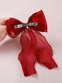 1pc Sweet Pink Princess Style Lace Bow Decor Wave Ribbon Spring Hair Clip, Elegant And Soft Spring Hair Accessory, School Stuff, College, Pink Hair Clips, Bows, Cute, Classy, Winter Outfit Women, Girly, Accessories, Valentines Accessories, Hair Accessories Women - Đỏ - Xem 3
