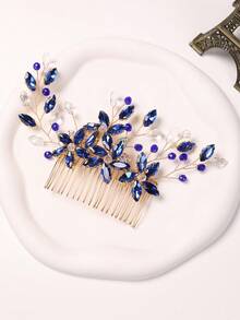 1pc Crystal & Rhinestone Decor Bridal Bridesmaid Hair Comb, Luxurious Hair Accessory For Wedding, Banquet, Party - Royal Blue - View 9