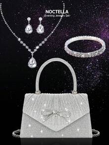 Noctella 闪亮优雅的迷你蝴蝶结女士晚宴包，时尚纯色褶皱翻盖手提包，搭配奢华闪亮水钻三件套（项链、手链和耳环），可与晚礼服、派对礼服和婚纱完美搭配，适合晚宴、派对、舞会和毕业典礼等场合。 - 銀色 - 查看 1