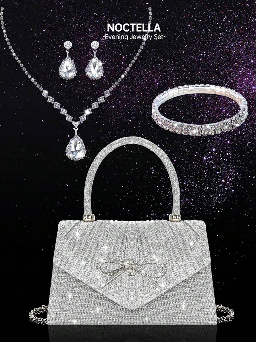 Noctella 闪亮优雅的迷你蝴蝶结女士晚宴包，时尚纯色褶皱翻盖手提包，搭配奢华闪亮水钻三件套（项链、手链和耳环），可与晚礼服、派对礼服和婚纱完美搭配，适合晚宴、派对、舞会和毕业典礼等场合。 - 銀色 - 查看 1