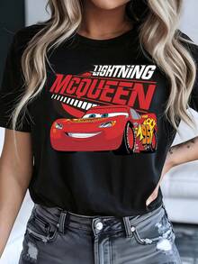 Disney Women's Casual Lightning McQueen Cotton Tee, Short Sleeve Round Neck T-Shirt For Everyday Wear, Men's Sizes Suitable For The Whole Family - 黑色 - 查看 1
