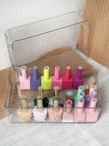 1 pieza/2 piezas Caja de almacenamiento transparente con tapa para maquillaje y esmalte de uñas, organizador de herramientas de arte de uñas y estuche de exhibición - transparente - Ver 5