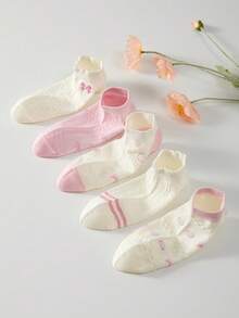 5 Pairs Bow Design White And Pink Cute Ladies' Ankle Socks, Non-Slip Comfortable Breathable, Suitable For Spring And Summer - Pink - View 7