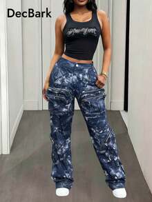Women's Street Tie-Dye Print Zipper Pocket Cargo Pants - Navy Blue - View 2