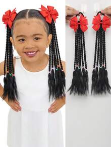 2pcs KidsTwists Braid Synthetic Double Ponytail Wig Braid Girl Bow Tie Skin Strand Tie Hair Twist Braid Sweet Hair Ornament - Natural Black - View 10