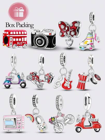 1 Pieces Original Design Silver Color Charms Beads For Women Colored Glaze Black Camera Red Motorcycle Rainbow-Colored Slippers Charms High Quality Cubic Zirconia Inlay Fits Original Bracelet & Necklace DIY Making Elegance Jewelry Gifts