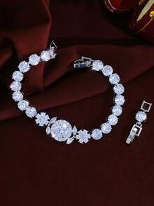 1pc Gorgeous 6mm Cubic Zirconia Silver Plated Flower Shaped Round Tennis Bracelet For Women, Engagement Party Wedding Jewelry - White - View 5