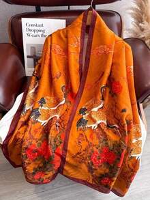 1件橙色仙鹤花卉印花披肩围巾，必备配饰，适合自己佩戴或作为节日礼物送给母亲、长辈。 - 珊瑚橙 - 查看 8