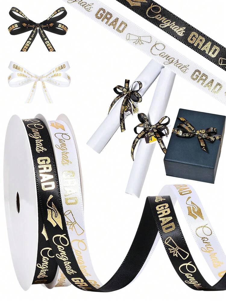 29ft 2026 Graduation Ribbon, Black White Gold Foil Graduation Party Decor Ribbon, Gift Wrapping, Congratulations Party Decoration, DIY Wreath Making - Multicolor - View 2