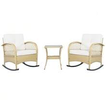 Rattan Balcony Furniture Set (3 Pieces), Rocking Chair With Beige Cushions, 160 Kg Weight Capacity - Beige - View 12