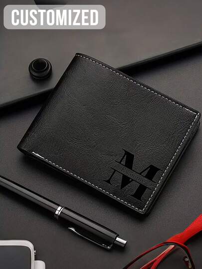 Customized Men's Solid Color Letter Print Wallet, Personalized Men's Wallet, Customized Wallet & Card Holder, Made Of PU Leather, PU Minimalist Bifold Multi-Card Wallet, Suitable As A Personalized Gift For Brother, Father, Boyfriend, Applicable For Anniversary, Father's Day, Commuting, Business Casual, Daily Use, Suitable For Anniversary, Birthday And Other Occasions