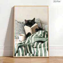 1幅异想天开的黑猫读书帆布艺术印刷海报，现代墙面艺术装饰画，趣味动物条纹装饰，适用于卧室、客厅、办公室、书房、浴室、厨房、走廊、宿舍、公寓墙面装饰和家居装饰，是送给朋友的理想礼物。 - 彩色 - 查看 1