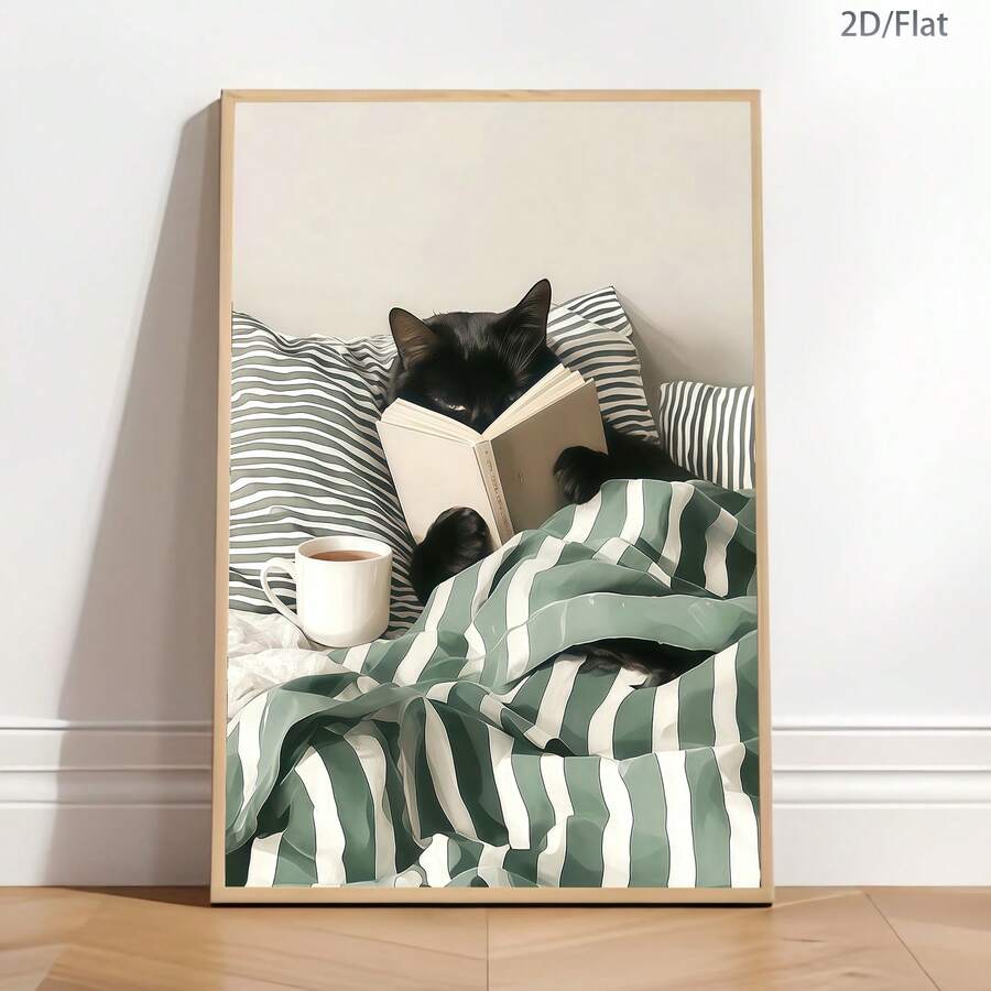 1幅异想天开的黑猫读书帆布艺术印刷海报,现代墙面艺术装饰画,趣味动物条纹装饰,适用于卧室、客厅、办公室、书房、浴室、厨房、走廊、宿舍、公寓墙面装饰和家居装饰,是送给朋友的理想礼物。 - 彩色 - 查看 1