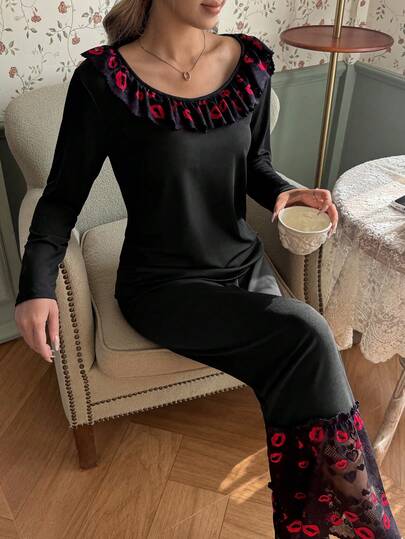 Women's Fashion Cute Lip Design Lace Patchwork, Contrast Color Lace Trim Scoop Neck Long Sleeve Pants, Spring/Summer/Autumn Pajama Loungewear Set