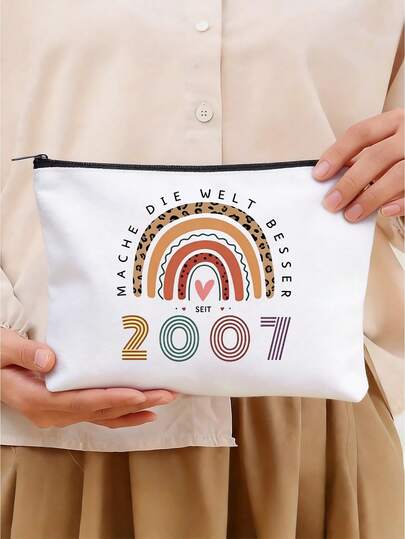 1pc White Canvas Tote Bag, Printed With German Slogan "Make The World A Better Place", With 2007 Rainbow Digital Print, High-Quality Cotton Material, Medium Size, Multi-Functional Storage Pocket, Minimalist Nordic Style, Suitable For International Students/Designers/Personal Commute, Study And Travel, Retro Digital Series Creative Gift