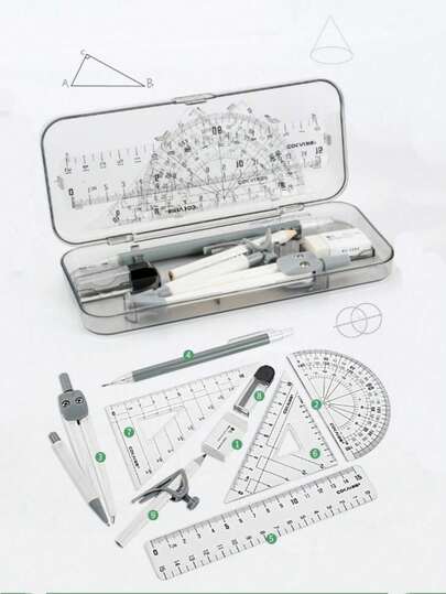 9pcs Math Drawing Tool Set, Includes Compass And Ruler With Eraser, Suitable For Student Exams And Homework, Durable And Easy To Use, Great Gift, Versatile For Elementary School Use