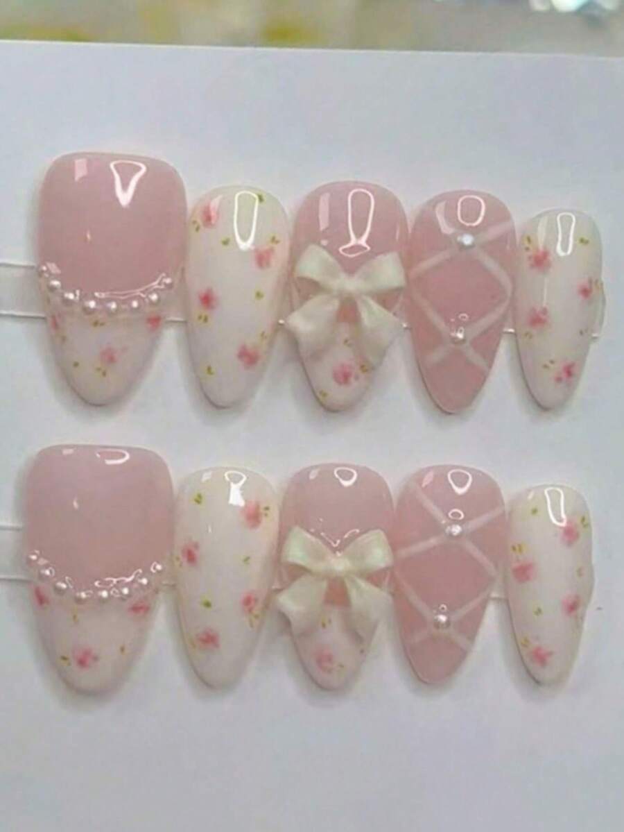 10片花朵珍珠法式美甲短杏仁形Y2K风格可爱少女蝴蝶结芭蕾舞鞋简约多用途手工假指甲，适合日常佩戴 - 彩色 - 查看 1