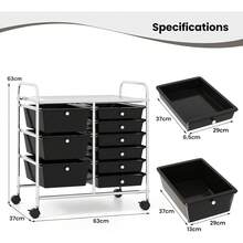 9 Drawers Storage Cart, Multipurpose Utility Rolling Trolley With Lockable Wheels, Mobile Organiser Shelving Unit - Black - View 3