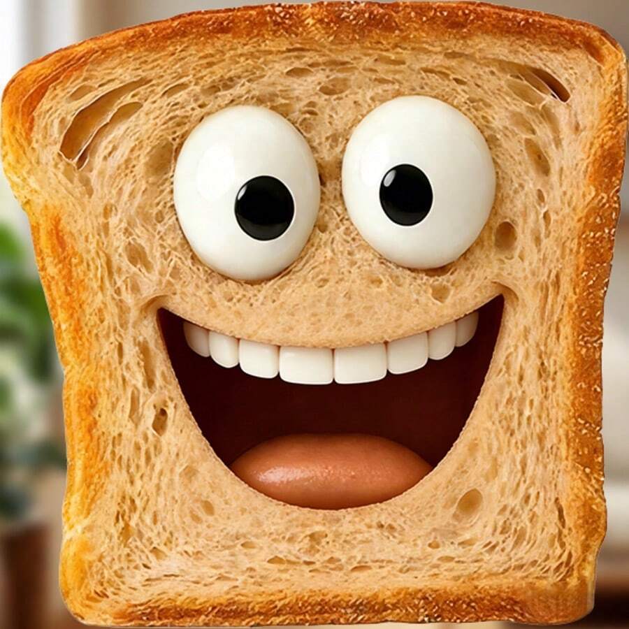 Pink Tongue Toast Buddy Magnet: Big Round Eyes & Open Mouth Smile, Toasted Bread Texture With Air Holes, Sticker Edges - Bring Fresh Breakfast Sunshine To Your Fridge - A - View 1