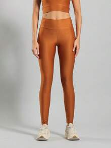 FITNATION Leggings Set With Waistband Pocket + Longline Cropped Top In Micro-Ribbed Fabric With SHINE And HIGH Elasticity And Support. - Terracotta - View 2