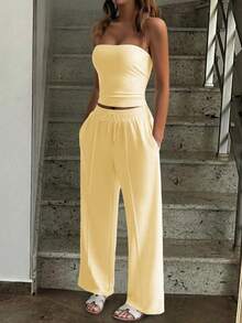 Vaiaye 2pcs Set Autumn Clothing Fitted Sexy Strapless Cropped Top Basic Camisole Fashionable Solid Color Elastic Fitted Yoga Bandeau Top, Spring/Summer Pants Set - Yellow - View 6