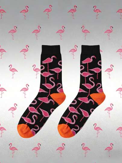 1 Pair Of Unisex Flamingo-Themed Socks - Pink Flamingo & Tropical Pattern, Creative Novelty Socks For Daily Casual Wear, Ideal Gift For Tropical & Animal Enthusiasts, Year-Round Fashion Leisure Socks