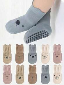 5 Pairs Random Mixed Color Kids Floor Socks Cartoon Cute Expression Pattern Baby Boy Girl Soft Sole Indoor Non-Slip Socks, Suitable For Daily Life - Multicolor - View 6