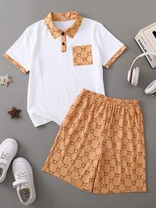 Set de 2 piese, stil preppy, pentru băieți preadolescenti, tricou polo caramel cu blocuri de culoare + pantaloni scurți cu imprimeu floral integral, ținută luxoasă pentru școală, ieșiri în oraș, vacanță, set confortabil, asortat - Kaki - Vizualizare 7