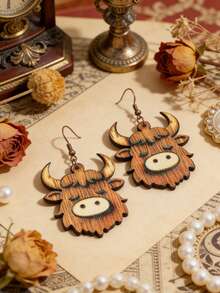 Cute Little Cow Shaped Double-Layer Earrings, Boho Style Wooden Earrings - Multicolor - View 5