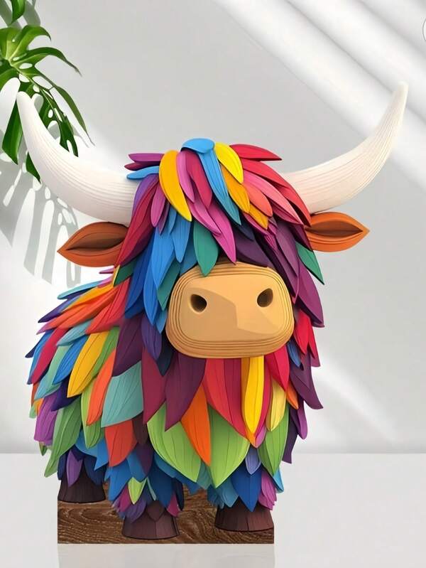 Tượng bò cao nguyên nhiều màu sắc, kích thước 8x6.7 inch - Phong cách Bohemian, làm bằng gỗ, in 2D hình bò cầu vồng, vật trang trí động vật nông trại sống động cho phòng khách, phòng ngủ, văn phòng - Món quà tuyệt vời cho người yêu động vật.