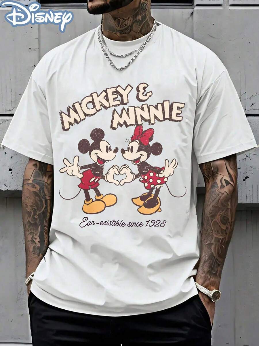 Disney Official Licensed Mickey & Minnie "Ear-Esistible Since 1928" Graphic T Shirts 100 Percent Cotton Disney Shirt Washed 220g Unisex - 白色 - 查看 1