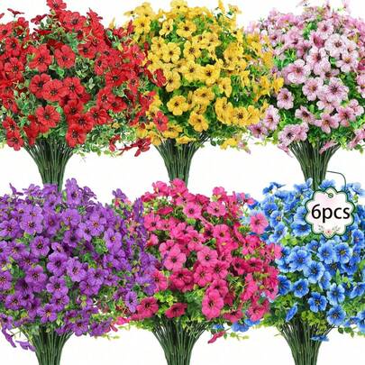 6pcs Artificial Plants, Realistic Silk Colorful Daisy And Eucalyptus, UV Resistant, Mixed Set Suitable For Outdoor Spring/Summer Decor, Great For Balcony, Yard, Window, Garden And Home