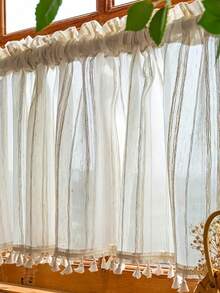 1片日式简约亚麻流苏薄纱窗帘，可过滤光线，杆袋式顶部设计，适用于客厅、卧室、厨房、浴室、橱柜、咖啡厅、小窗户、玄关等场所。 - 摩卡棕 - 查看 3