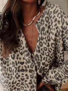 Women's Knitted Round Collar Long Sleeve Ribbed Contrast Leopard Print Sexy Open Cardigan, Elegant Spring/Summer Jacket For Outings And Dates Vacation - Color - View 1