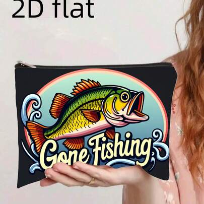 便携式可重复使用钓鱼主题化妆洗漱包，适合旅行，轻便拉链化妆包，饰有大嘴鲈鱼图案，多色可选，日常钓鱼装备收纳袋