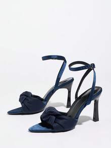 Women's Pointed Toe Stiletto Heel Solid Color Twist Knot Elegant Versatile Outdoor Commute Party Formal Dress Sandals - Navy Blue - View 3