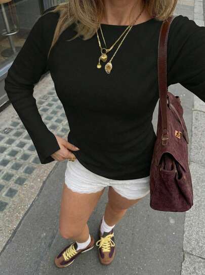 Buzzelle FOR BEAUTY 秋冬新款女士圆领纯色修身针织衫，时尚简约韩版休闲街头日常通勤毛衣，秋冬女装