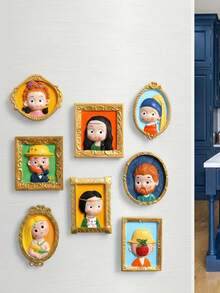 1个抽象趣味3D卡通人物图案金色边框冰箱贴，卡通世界名画冰箱贴，树脂材质，创意个性化礼物，送给家人朋友，完美的厨房和客厅装饰 - 多款 - 查看 10