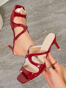 2026 Summer Burgundy Patent Leather High Heel Mules, Square Toe Open Toe Slip-On Sandals - Burgundy - View 6