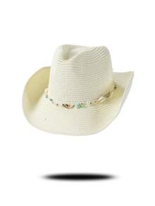 Mũ cao bồi rơm màu be kiểu dáng thời thượng, chất liệu rơm thoáng khí với viền hạt vỏ sò và ngọc lam, vành rộng kiểu cổ điển, phù hợp cho bãi biển, lễ hội âm nhạc, trang phục du lịch để tạo nên vẻ ngoài giản dị nhưng tươi mới. - mũ đội đầu - Xem 13