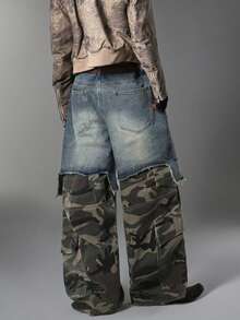 Hong Kong Style Vintage Men's Jeans, Distressed Whisker Multi-Pocket, Patchwork Versatile All-Season Pants (Belt & Accessories Not Included) - Blue - View 3