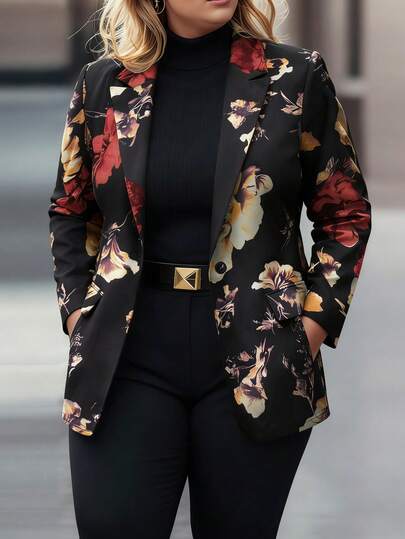 HOMEYEE Floral Print Long Sleeve Blazer Jacket With Pockets, Vintage Elegant Casual Suitable For All Seasons, Plus Size