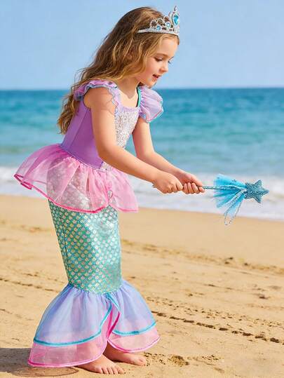 Girls' Purple Cap Sleeve Dress Set, Fish Scale Sequin Mesh Fishtail Double-Layer Skirt Children's Outfit, Suitable For Travel, Holiday, Party, Performance