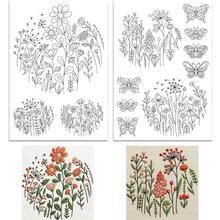 2 piezas Juego de bordado DIY con estampado floral y de gato, pegatinas estabilizadoras de tela no tejida autoadhesiva y solubles en agua, adecuado para manualidades de costura, decoración de ropa, bolsos y sombreros - 2ST-A - Ver 13