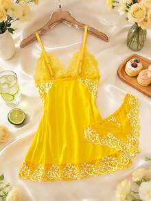 两件套撞色花卉蕾丝睡衣套装，V领半透明蝴蝶结睡裙和内裤，优雅女士睡衣 - 黃色 - 查看 3