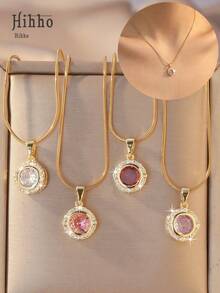 Hihho 1件圆形镶钻蛇骨链项链，镀金奢华款，适合不同场合和风格 - 圓形 - 查看 1